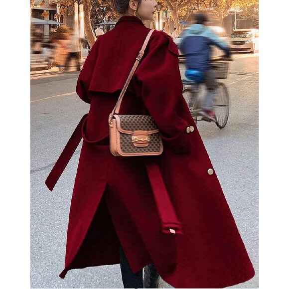 Women's Red Winter Double-Breasted Wool Midi Pea Coat with Notch Lapel Trench - Picture 2 of 5